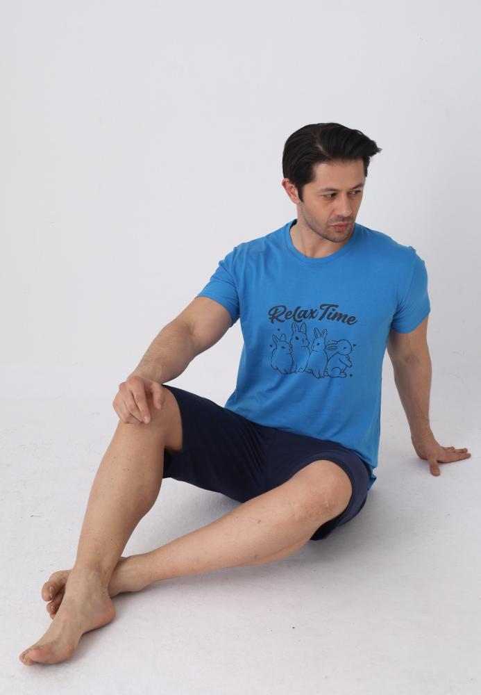 Pijama barbat cu maneca scurta si pantaloni 3/4, culoare albastru, Engros